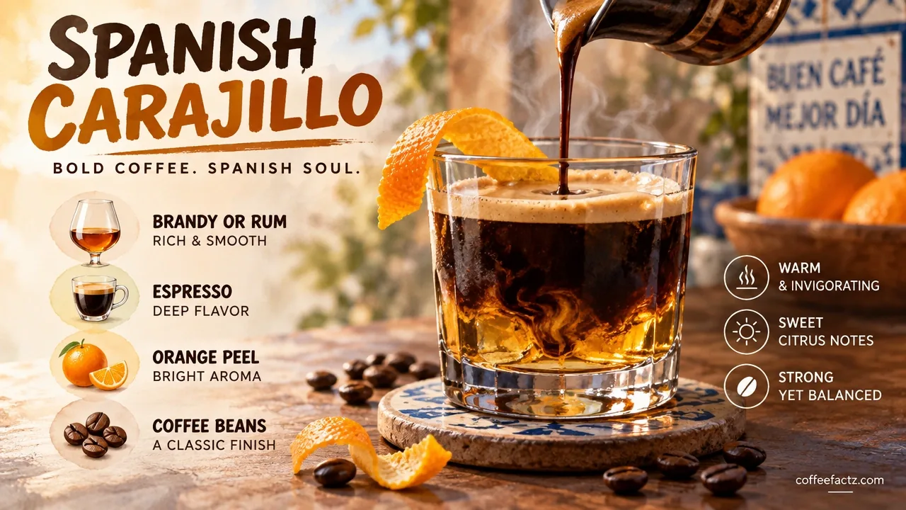 Hot Spanish carajillo layered with brandy and espresso in a warm glass, garnished with orange peel and coffee beans.