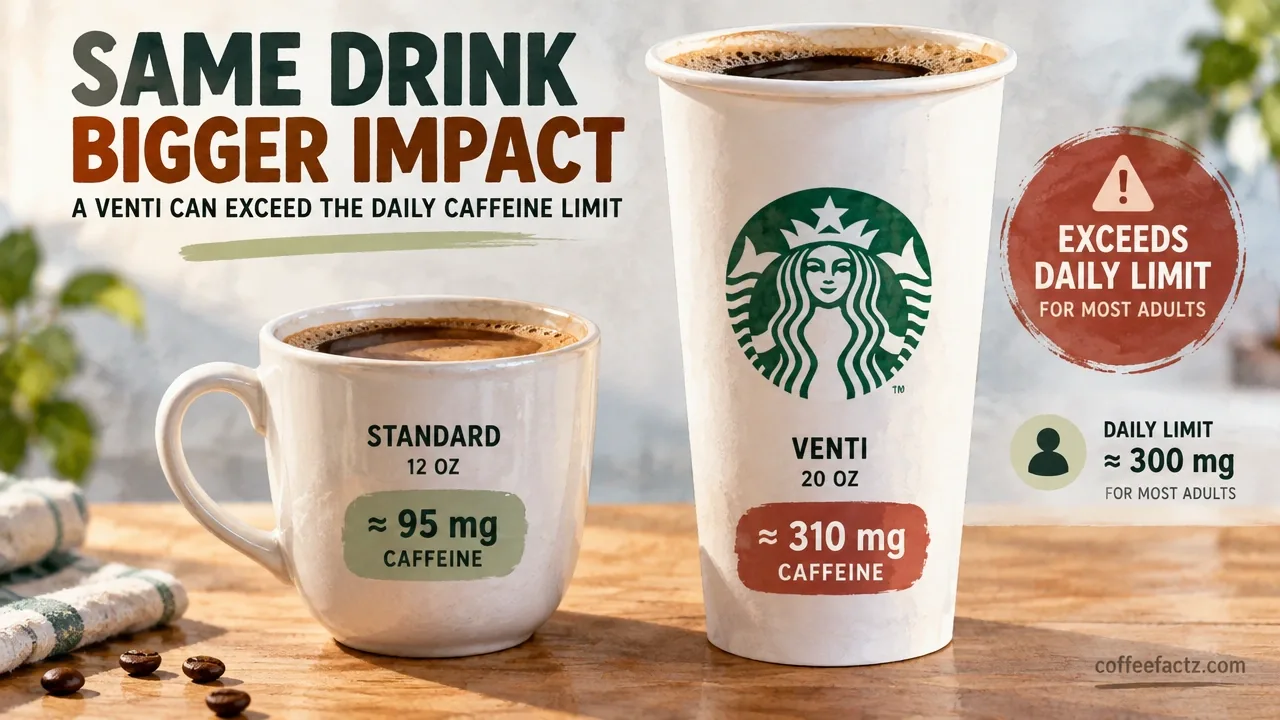 Side-by-side watercolor infographic comparing a standard coffee cup and a large Venti cup to show daily caffeine threshold.