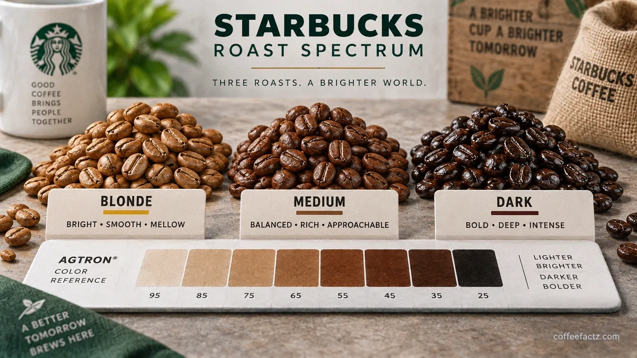 Starbucks Blonde, Medium, and Dark whole beans beside an Agtron color reference card showing the three-tier roast spectrum.