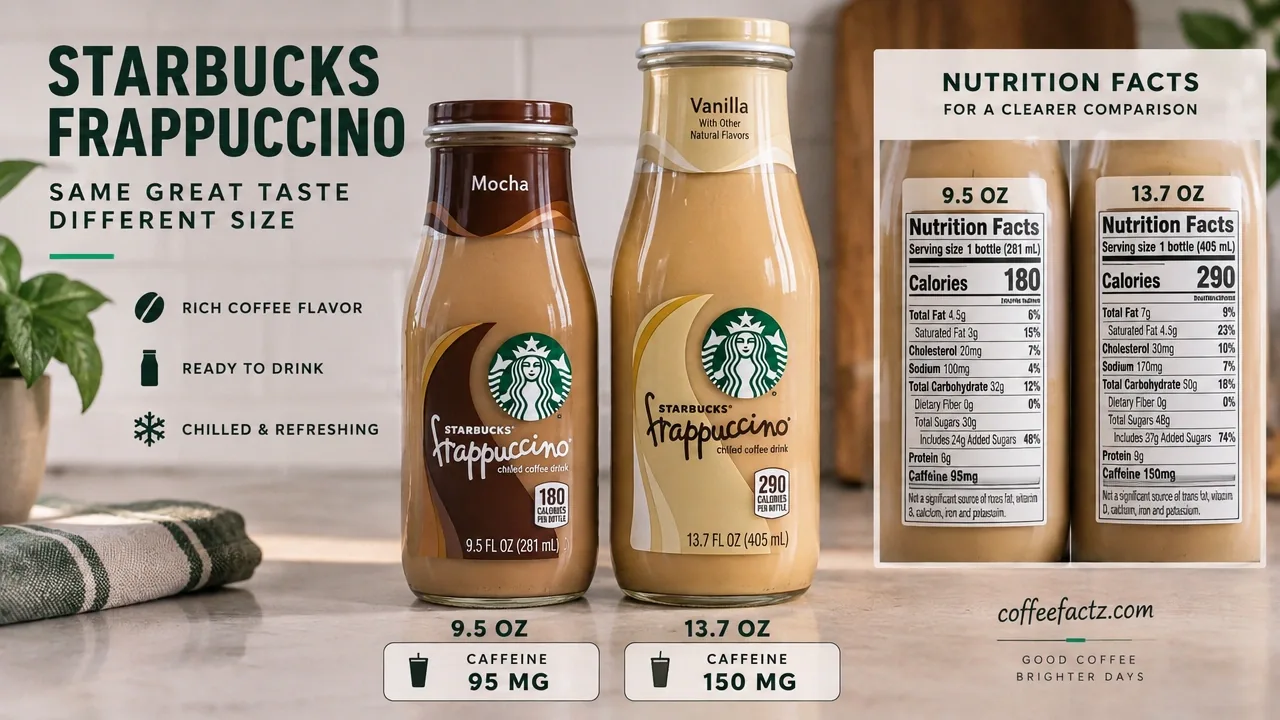 Starbucks bottled Frappuccino in 9.5 oz and 13.7 oz sizes with nutrition labels comparing caffeine content.