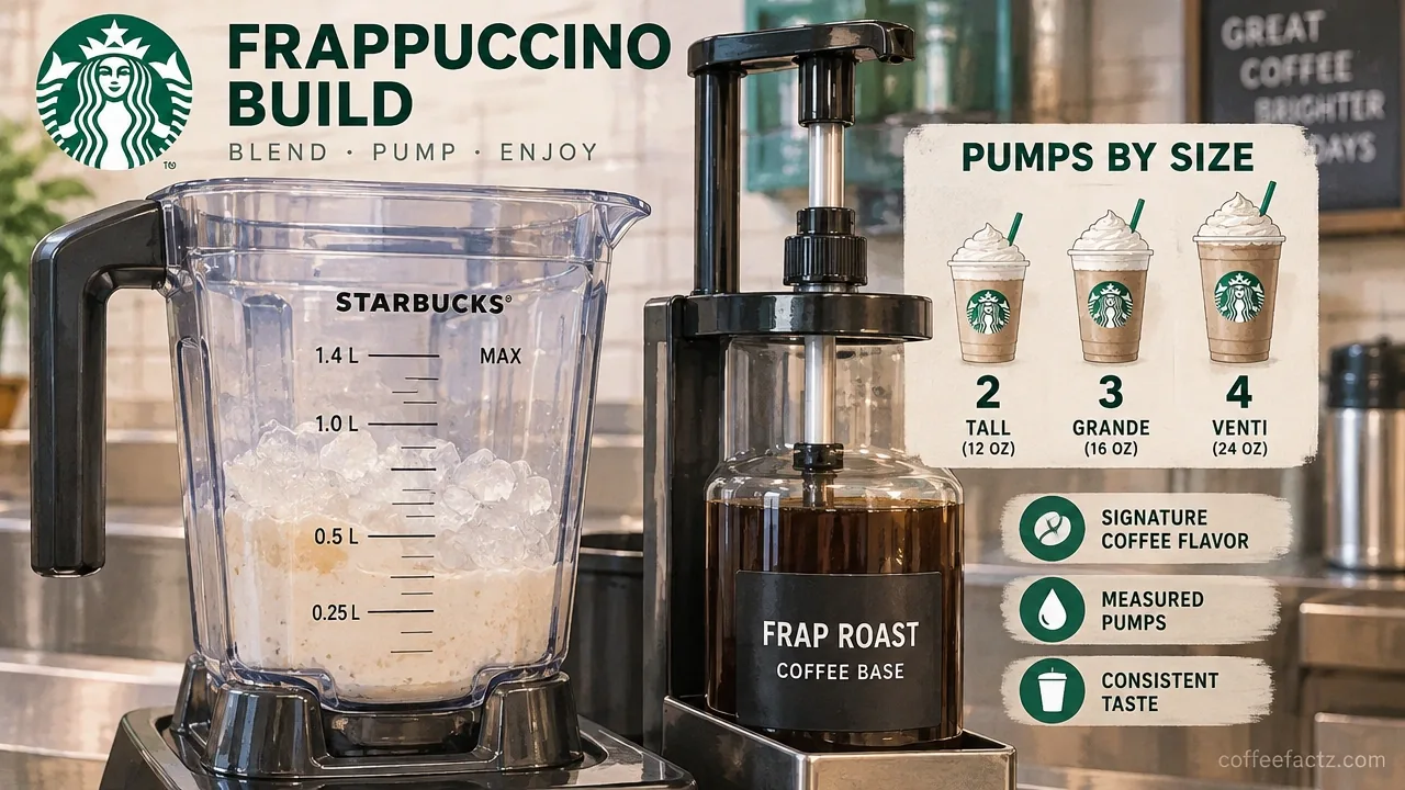 Close-up of a Starbucks blender pitcher and Frap Roast pump station for Tall, Grande, and Venti Frappuccinos.