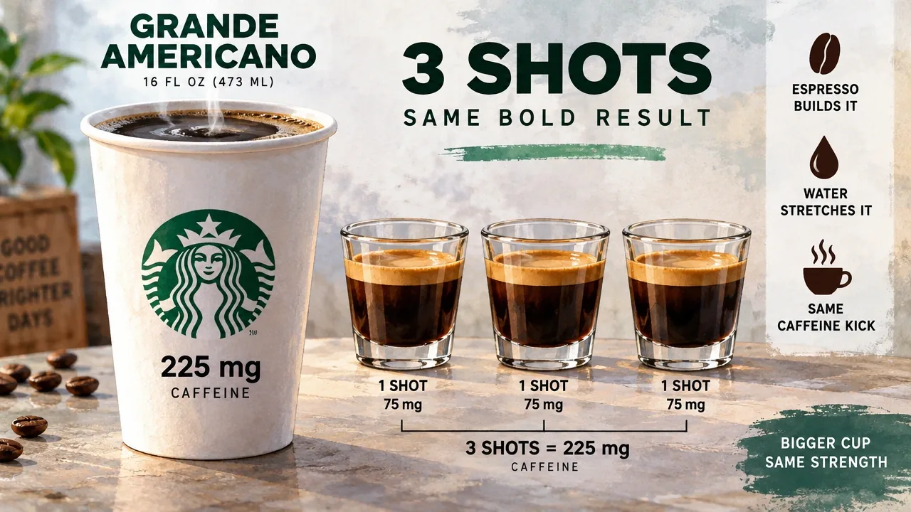 Macro documentary photo of a 16 oz Grande Americano cup beside three espresso shots, showing the 225 mg caffeine baseline.