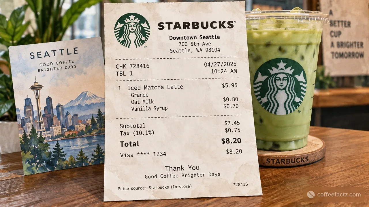 Documentary-style Starbucks receipt showing named drink, city, line items, collection date, price source, and add-ons.