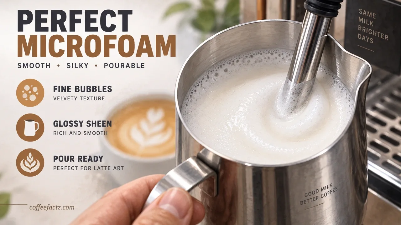 Frappe vs Latte: 10 Real Differences Between These Two Coffee Drinks 10 Macro photo of glossy microfoam in a stainless-steel pitcher beside a steam wand, showing fine bubbles and pourable texture.