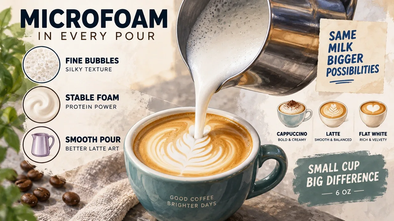 Cappuccino vs Frappuccino: 7 Real Differences Most People Get Wrong 7 Macro of glossy microfoam poured from a steel pitcher into a 6 oz cup, showing fine bubbles and protein texture.