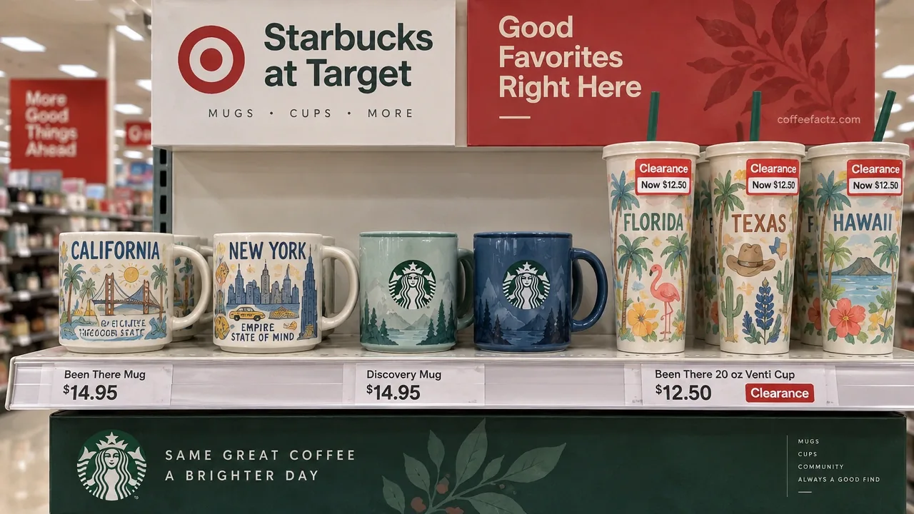 Documentary store shelf with Been There and Discovery mugs and clearance 20 oz venti Been There cups.