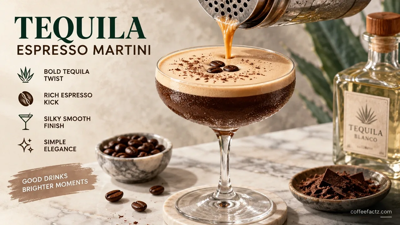 Strained tequila espresso martini pouring into chilled coupe, topped with intact foam, three coffee beans, shaved chocolate.