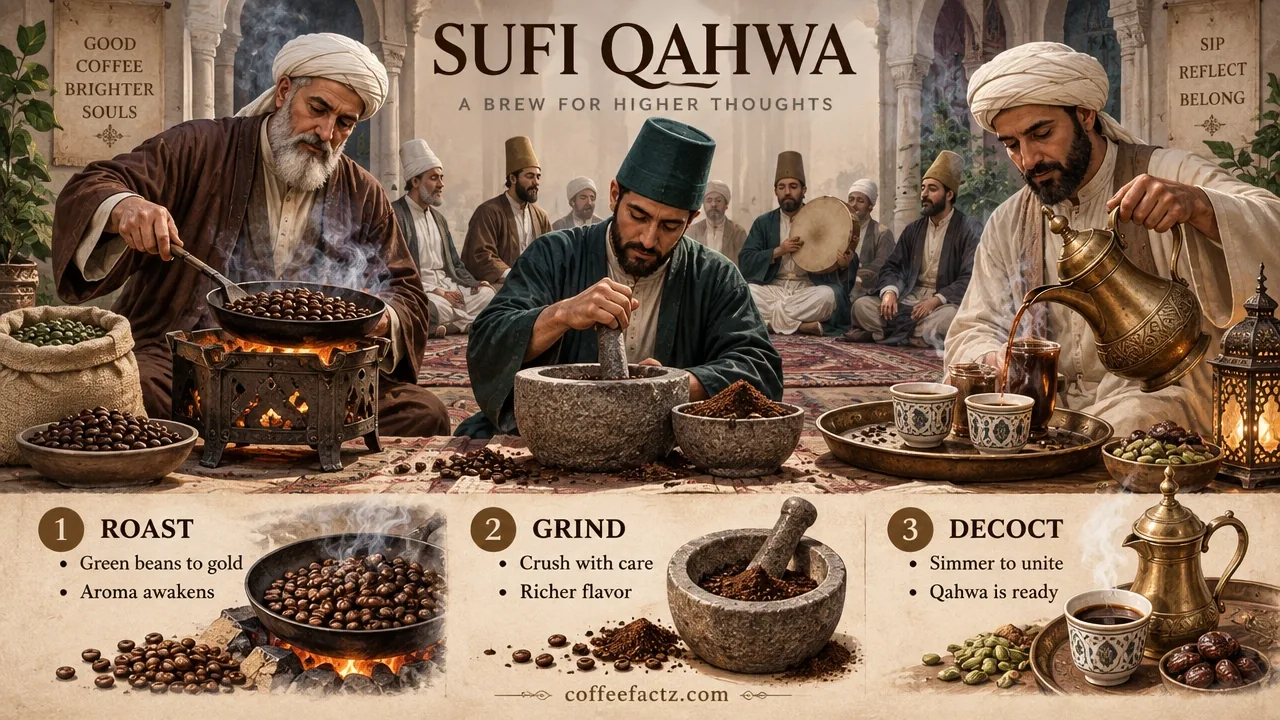 Archival-style watercolor infographic of a Sufi gathering roasting, grinding, and decocting coffee beans into Qahwa.