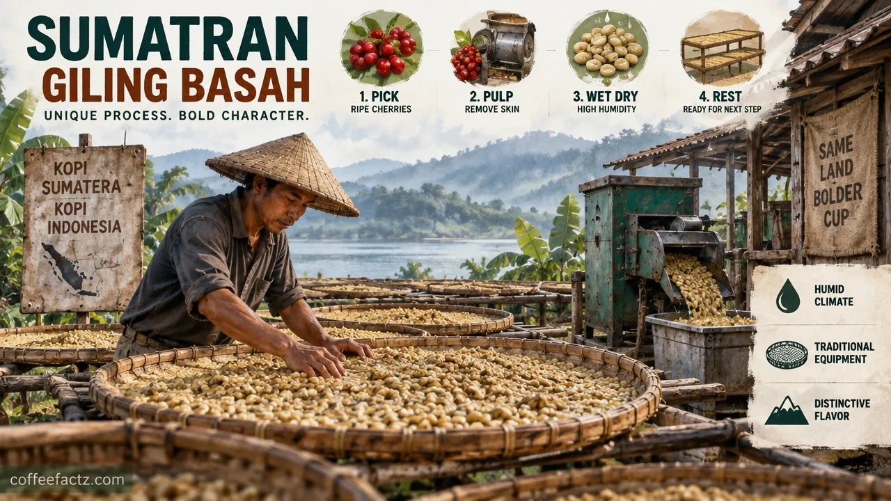 Coffee Origin Exploration: How Altitude, Genetics, and History Shape Every Cup You Drink 12 Wet-hulled Sumatran coffee parchment drying on local equipment in humid conditions, illustrating the giling basah method.