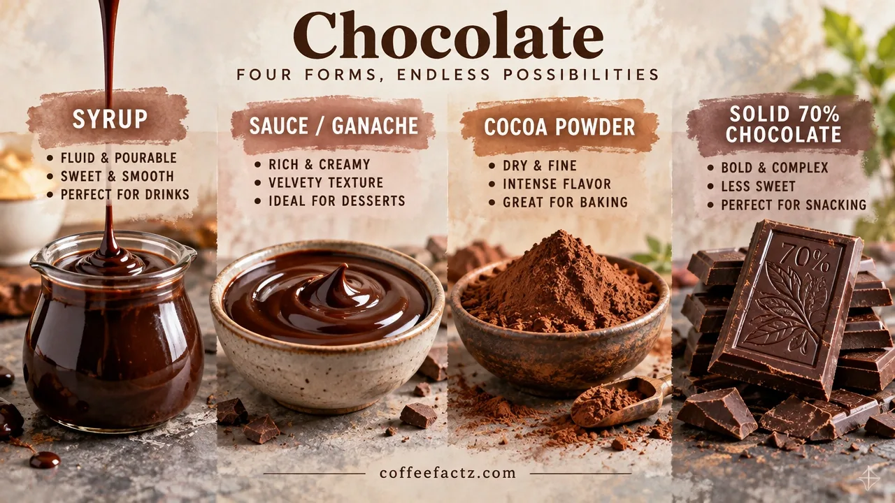 Macro infographic showing syrup, ganache sauce, cocoa powder, and solid 70% chocolate side by side.