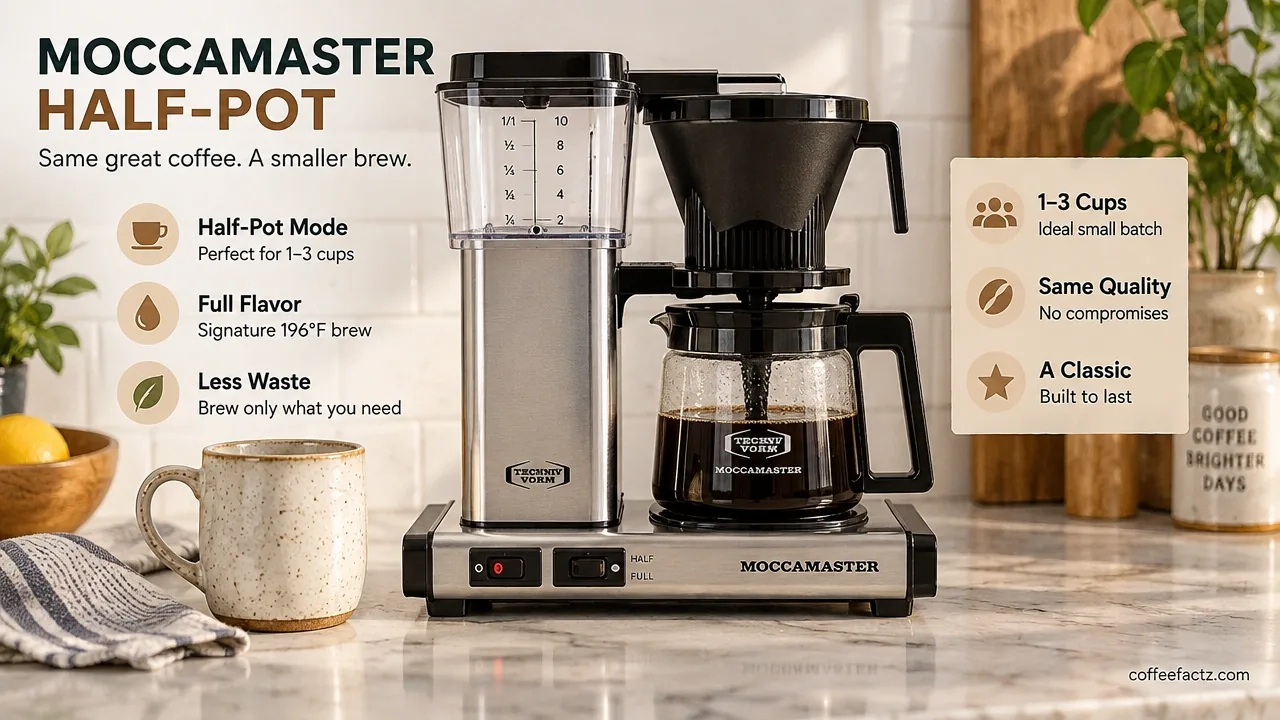 The 9 Best Small Coffee Makers: Compact Picks That Actually Fit Your Counter and Your Cup 29 Technivorm Moccamaster Half-Pot on countertop set to small-batch half-pot mode with glass carafe and bright studio lighting