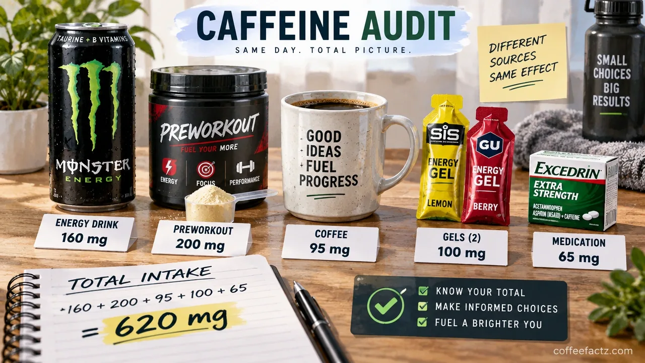 Tabletop caffeine audit with energy drink can, preworkout scoop, coffee cup, gels, and medication labels for total intake.