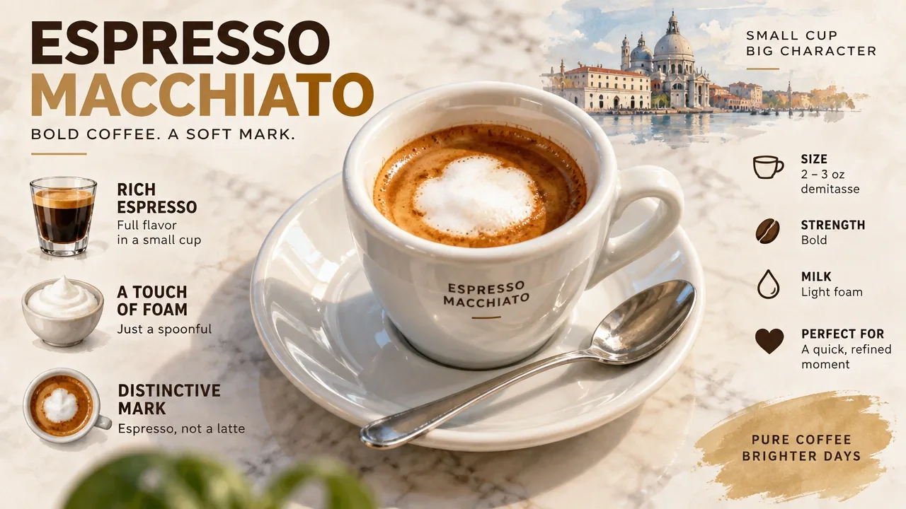 Macro view of traditional espresso macchiato in 2-3 oz demitasse with spooned milk foam on crema and small spoon on saucer.