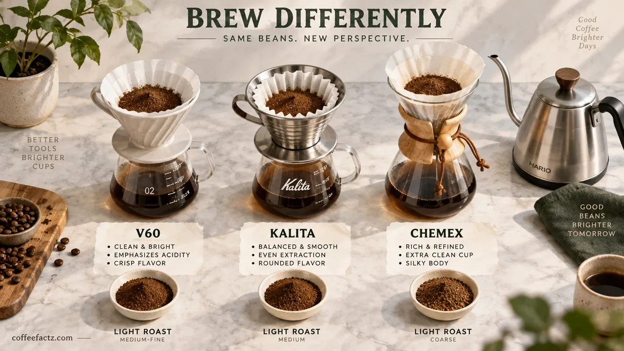 Overhead watercolor-style infographic of V60, Kalita, and Chemex brewers with light-roast grounds and a gooseneck kettle.