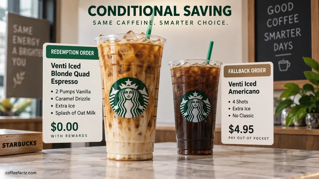 Infographic photo of a Venti iced blonde quad espresso redemption order beside a fallback drink under bright studio lighting.