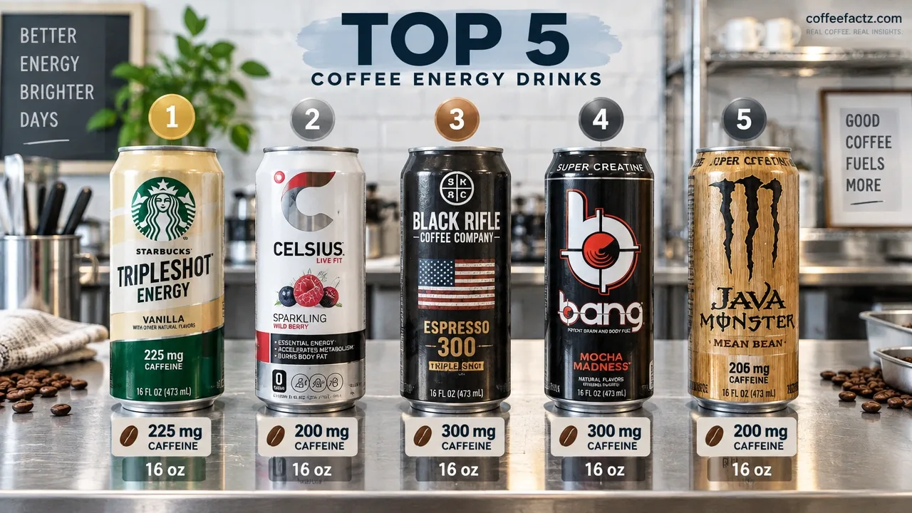 Five ranked energy drink cans on a stainless steel prep table, showing caffeine labels and 16 oz volume markers.