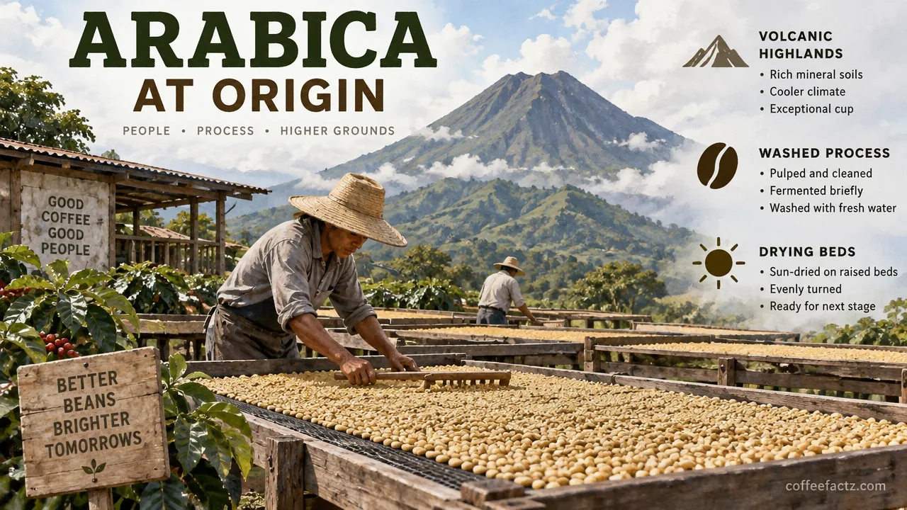 Washed Arabica parchment drying on raised beds at a wet mill against a volcanic highland slope in Latin America.