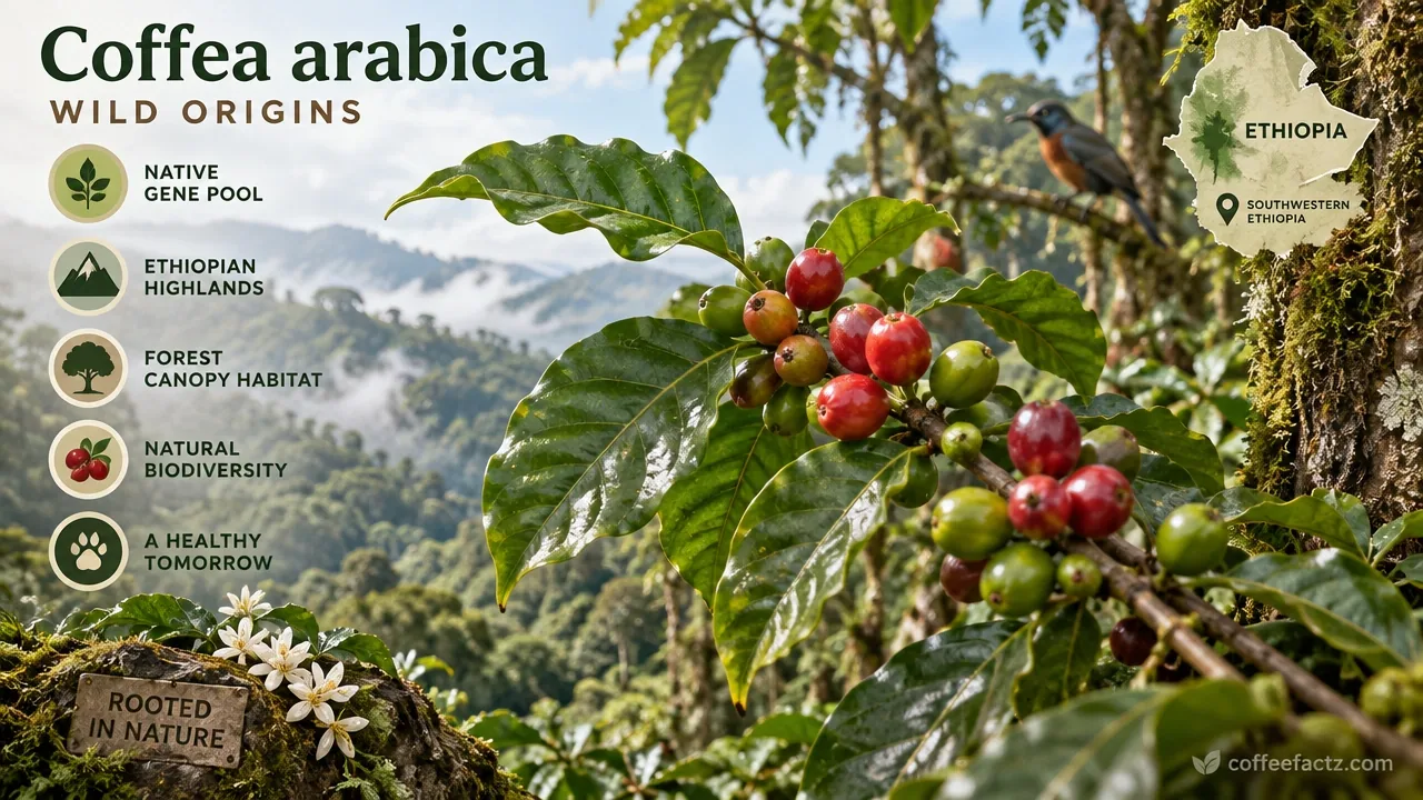 Coffee Origin Exploration: How Altitude, Genetics, and History Shape Every Cup You Drink 8 Macro view of wild Coffea arabica shrubs under southwestern Ethiopia's highland forest canopy, showing native coffee genetics in situ.