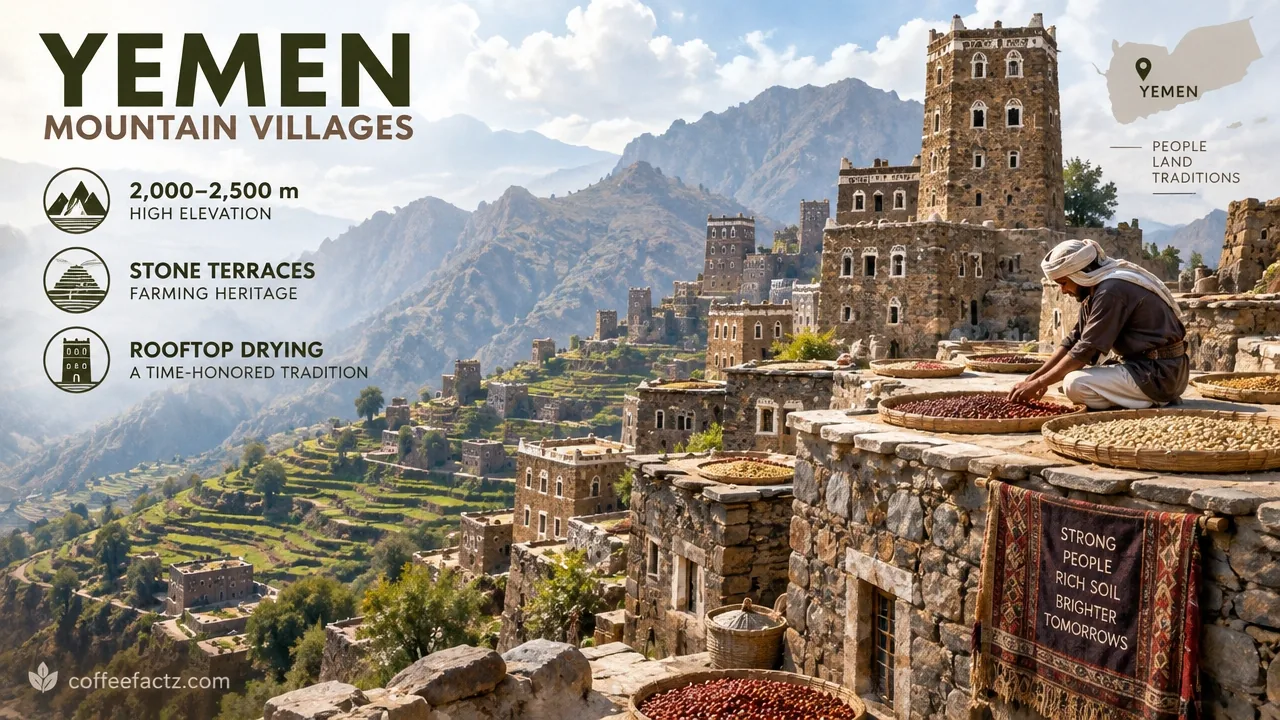 Terraced stone farming village in Yemen at 2,000–2,500 meters, with tower houses and rooftop sun-drying on flat stone roofs.