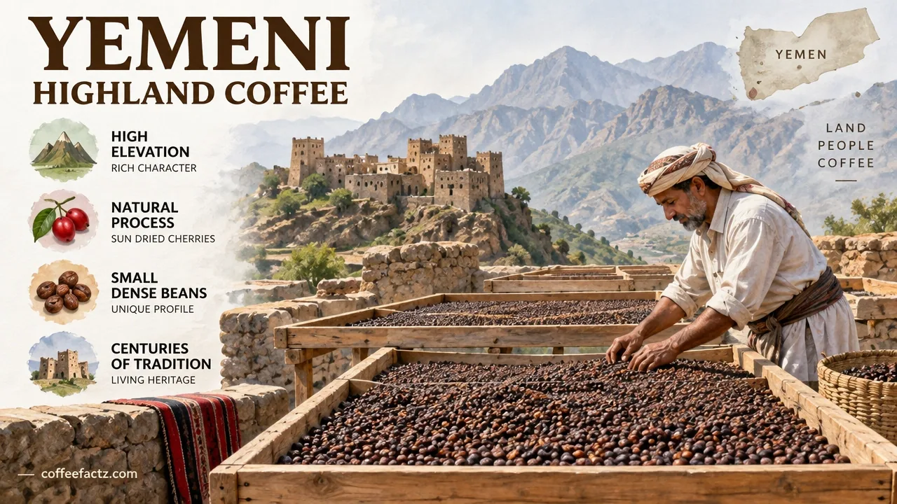 Documentary photo of Yemeni highland coffee drying beds with small dense irregular dry-processed beans in bright studio light