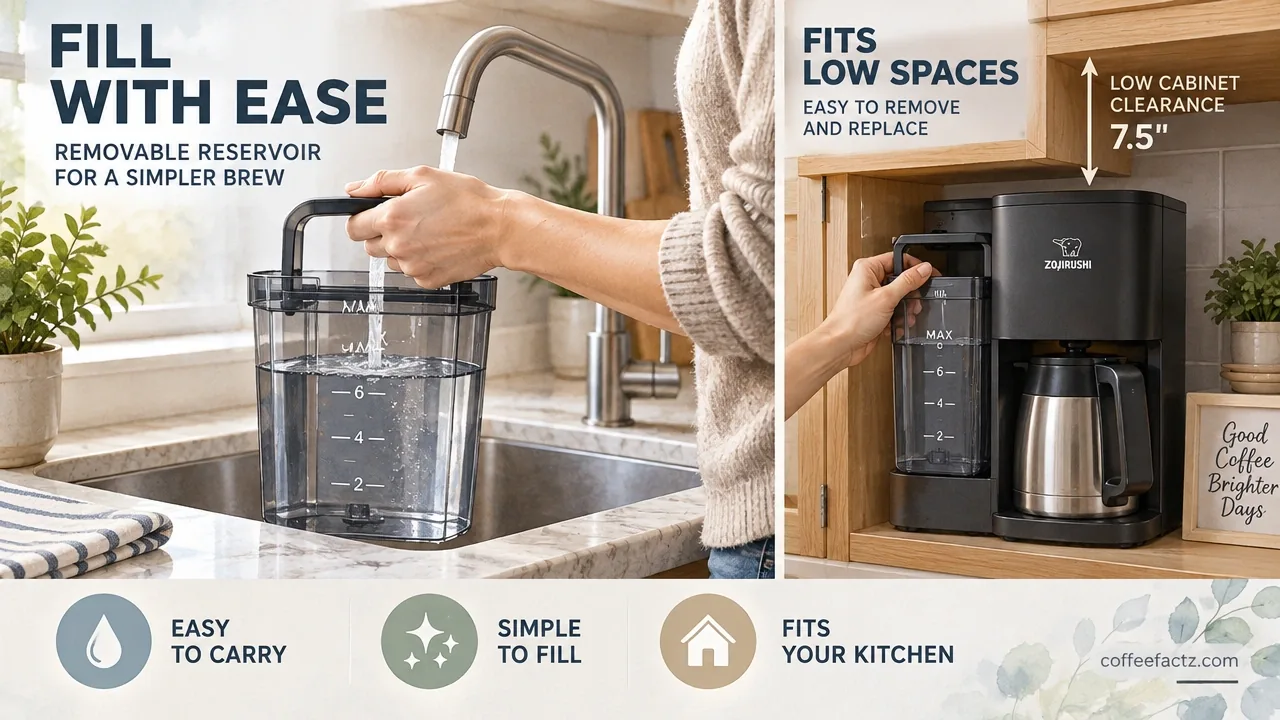 The Best 4-Cup Coffee Pots, Tested Against the Physics of Small-Batch Brewing 19 Watercolor-style image of the Zojirushi EC-DAC50 Zutto water reservoir being filled at a small sink with low cabinets.